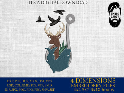Machine Embroidery files, Fishing and Hunting hook, PES, DST, xxx, hus & more,