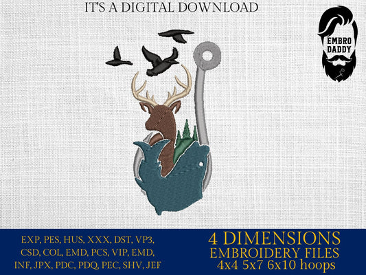 Machine Embroidery files, Fishing and Hunting hook, PES, DST, xxx, hus & more,