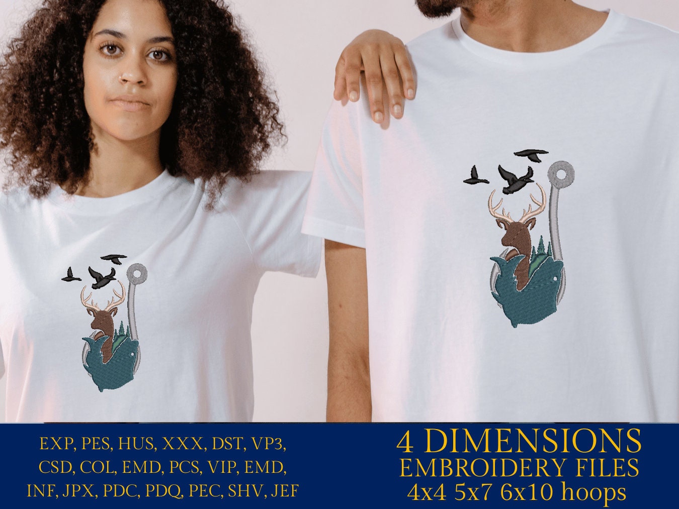 Machine Embroidery files, Fishing and Hunting hook, PES, DST, xxx, hus & more,