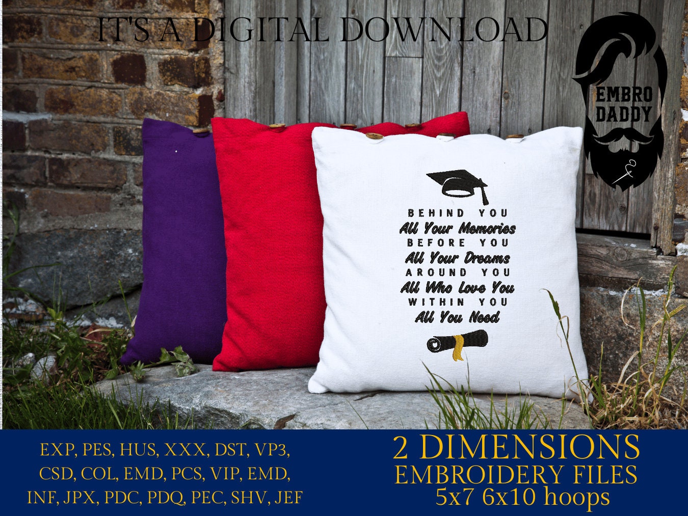 Machine Embroidery files, behind your all your memories, graduation, PES, dst, xxx, hus & more, embroidery files