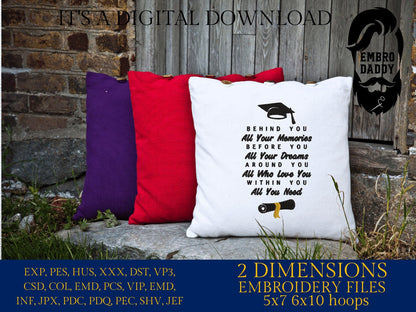 Machine Embroidery files, behind your all your memories, graduation, PES, dst, xxx, hus & more, embroidery files