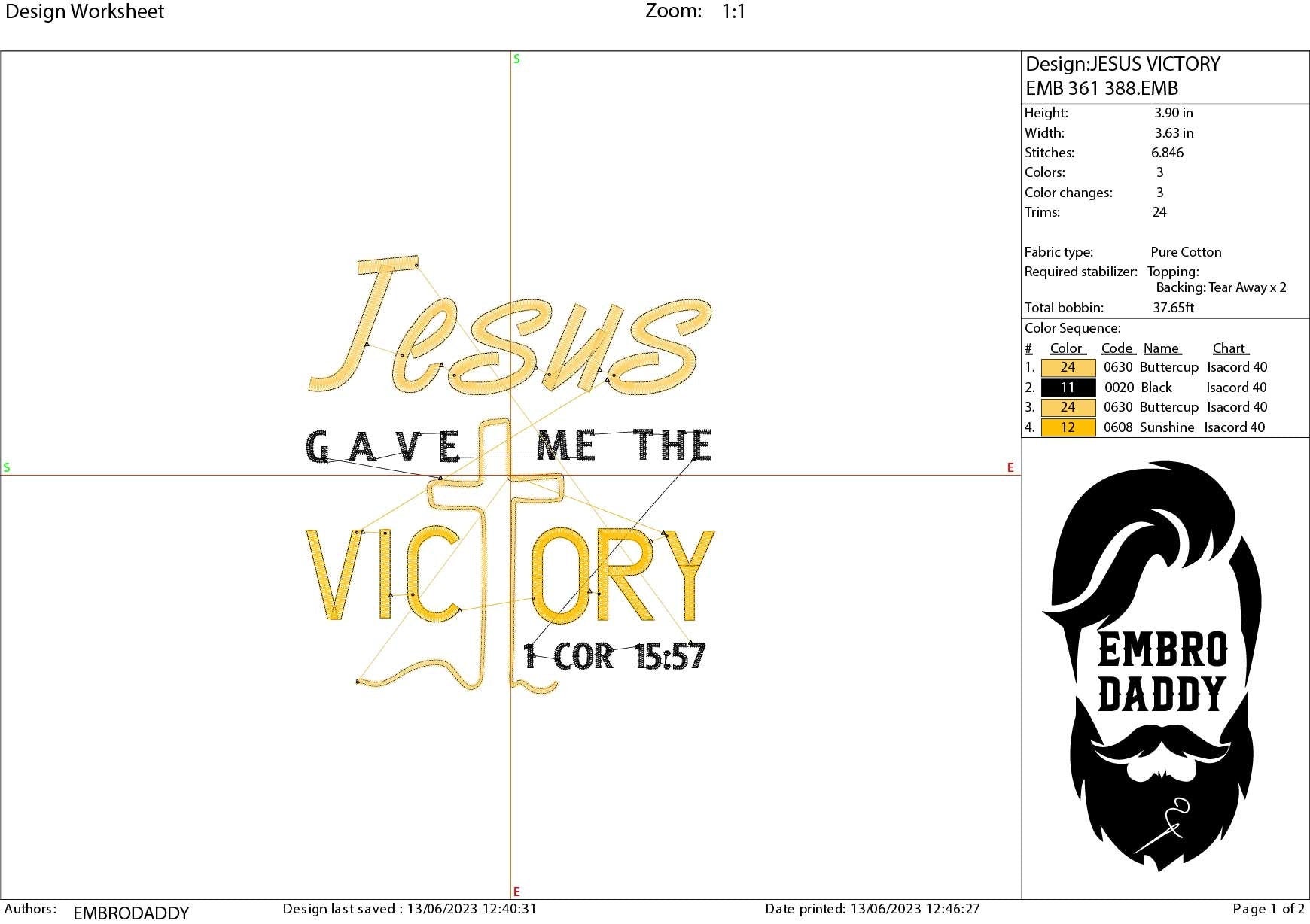 Machine Embroidery files, Jesus gave me the Victory, PES, DST, xxx, hus & more