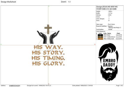 Machine Embroidery files, Jesus His way, His story, His glory, PES, DST, xxx, hus & more
