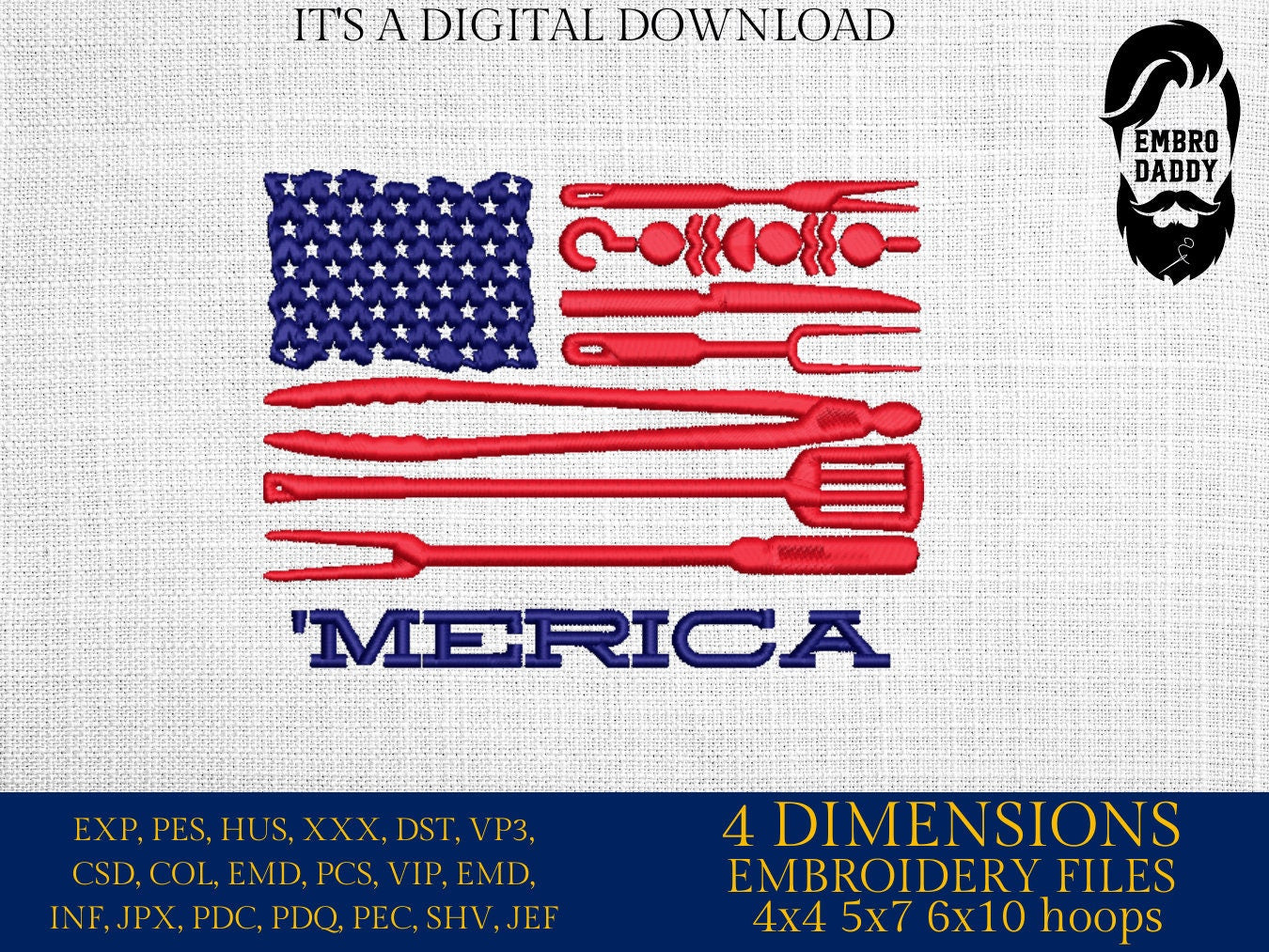 Machine Embroidery files, 'merica, American Barbecue, BBQ, grill, DST, PES, xxx, hus, dst & more