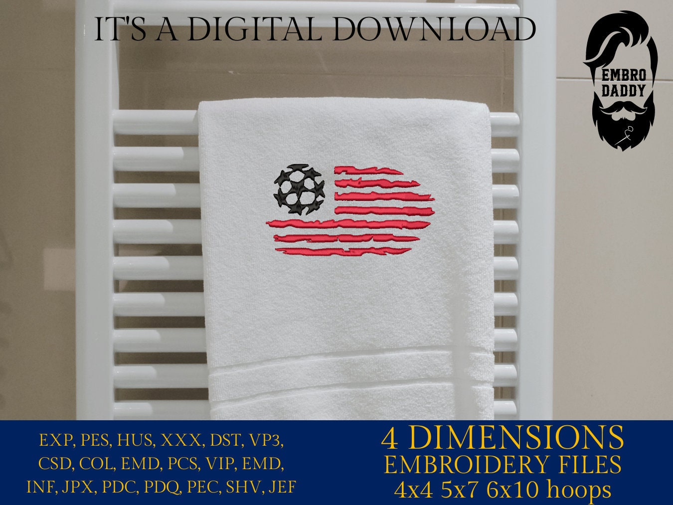 Machine Embroidery files, USA flag Soccer, DST, PES, xxx, hus & more