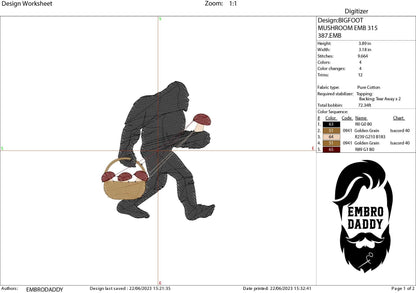 Machine Embroidery files, Bigfoot mushroom, Bigfoot pes, Big Foot, Yeti, Sasquatch PES, xxx, hus & more