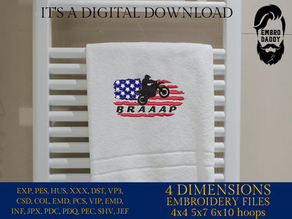 Machine Embroidery files, USA flag Motocross, Racking, dirtybike, DST, PES, xxx, hus & more