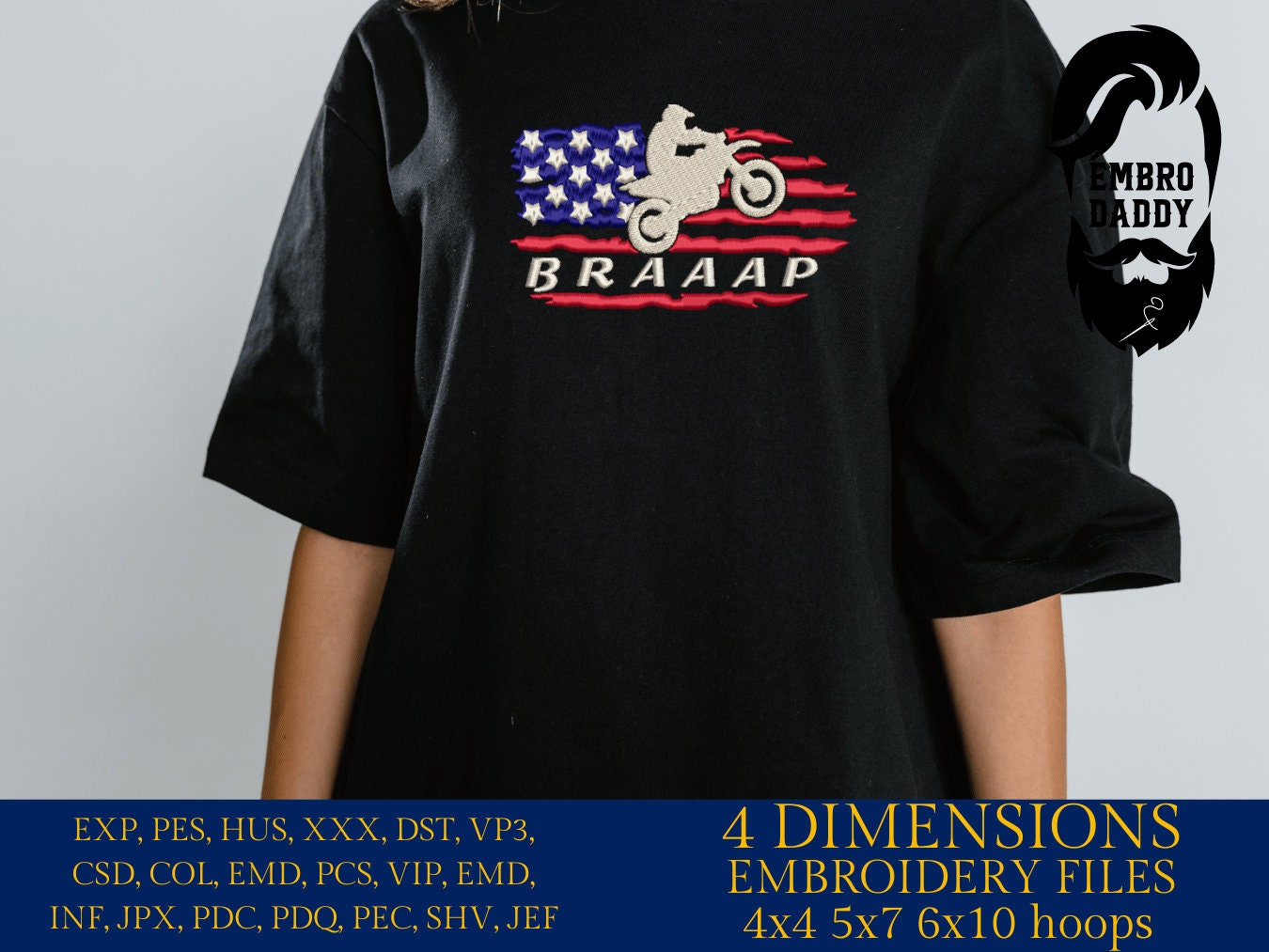 Machine Embroidery files, USA flag Motocross, Racking, dirtybike, DST, PES, xxx, hus & more