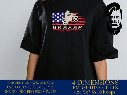 Machine Embroidery files, USA flag Motocross, Racking, dirtybike, DST, PES, xxx, hus & more