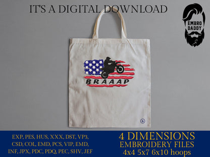 Machine Embroidery files, USA flag Motocross, Racking, dirtybike, DST, PES, xxx, hus & more