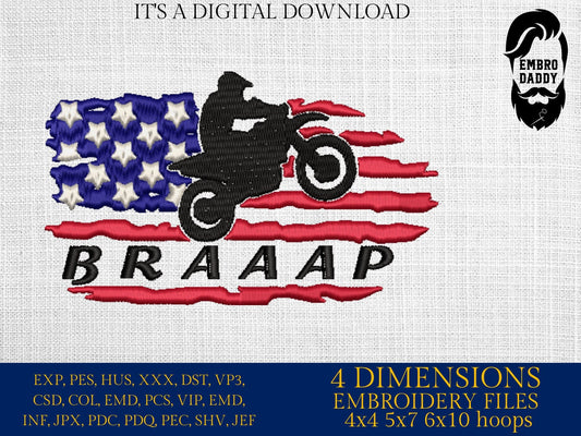 Machine Embroidery files, USA flag Motocross, Racking, dirtybike, DST, PES, xxx, hus & more