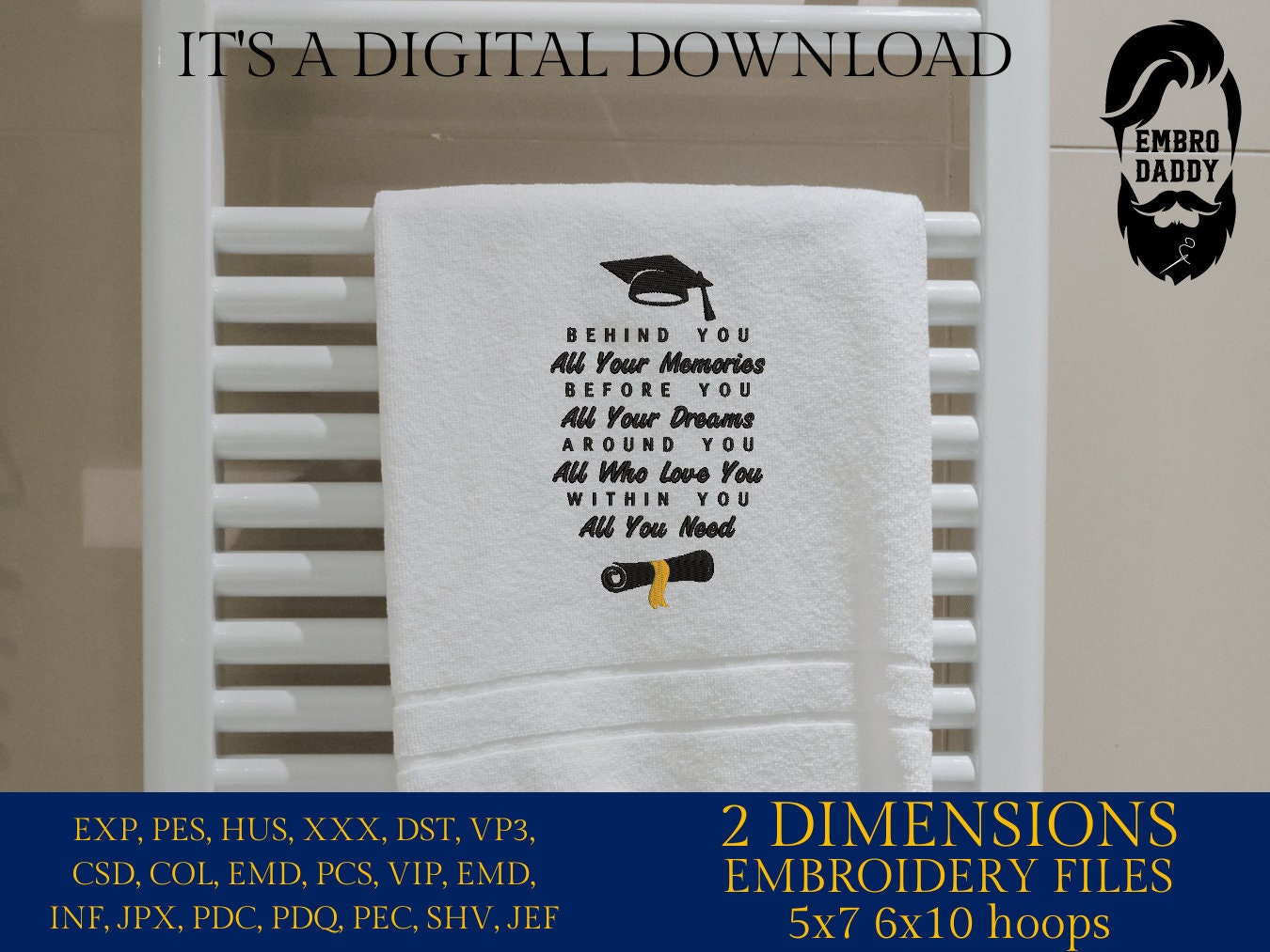 Machine Embroidery files, behind your all your memories, graduation, PES, dst, xxx, hus & more, embroidery files