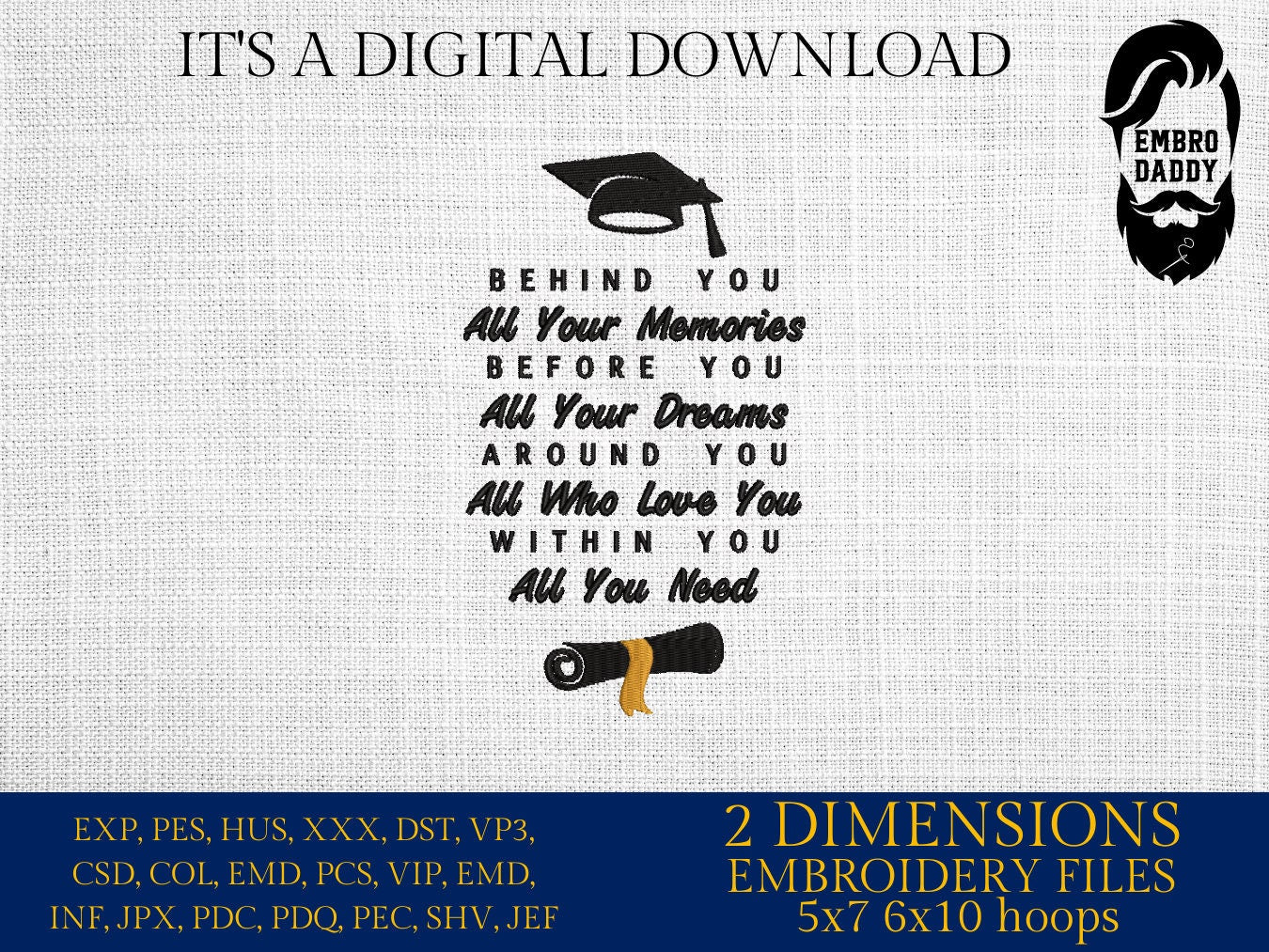 Machine Embroidery files, behind your all your memories, graduation, PES, dst, xxx, hus & more, embroidery files