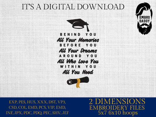 Machine Embroidery files, behind your all your memories, graduation, PES, dst, xxx, hus & more, embroidery files