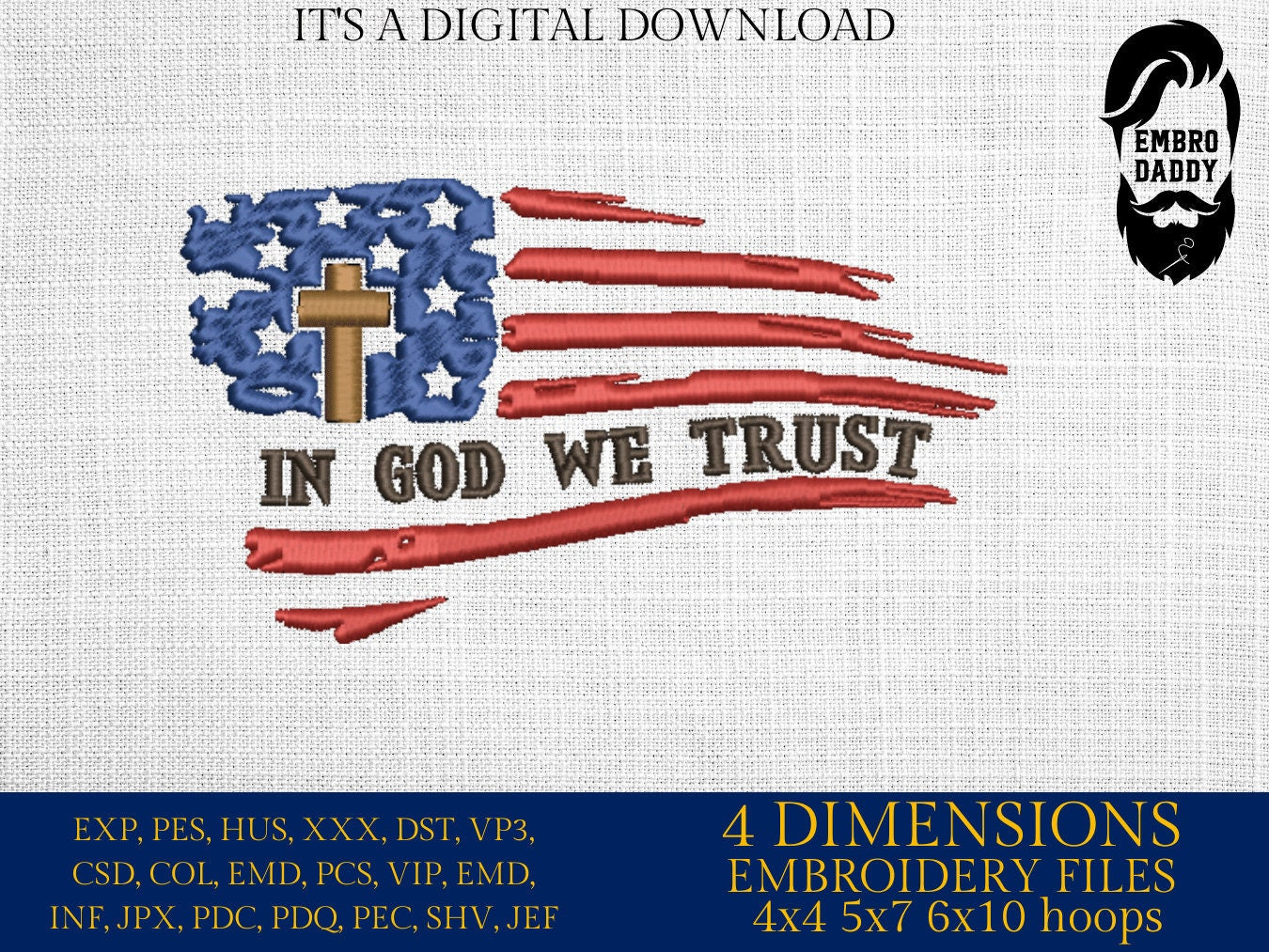 Machine Embroidery files, USA flag, In God we trust, DST, PES, xxx, hus & more