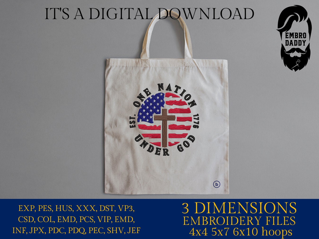 Machine embroiery files, One nation under God, USA flag, PES, DST, hus & more