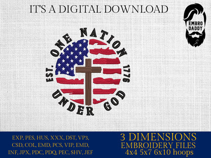 Machine embroiery files, One nation under God, USA flag, PES, DST, hus & more