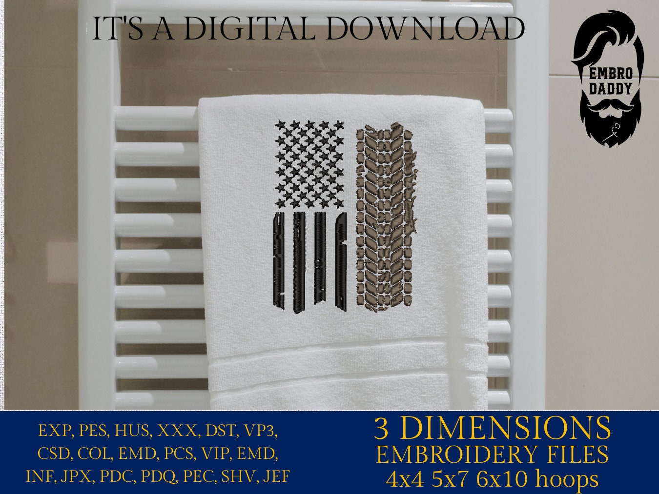 Machine Embroidery files, USA flag tire, dst PES, xxx, hus & more