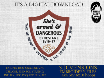 Machine Embroidery files, She's armed and dangerous, PES, DST, xxx, hus & more