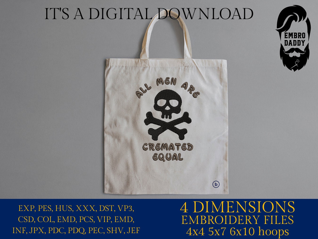 Machine Embroidery files, all men are cremated equal, PES, DST, xxx, hus & more