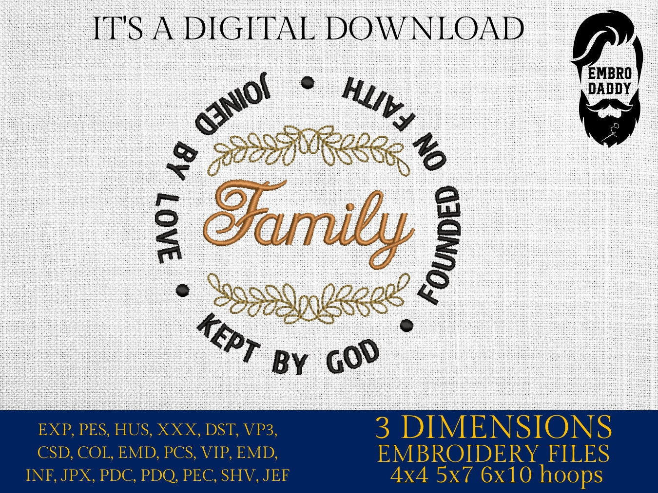 Machine Embroidery files, Family founded on faith, PES, DST, xxx, hus & more