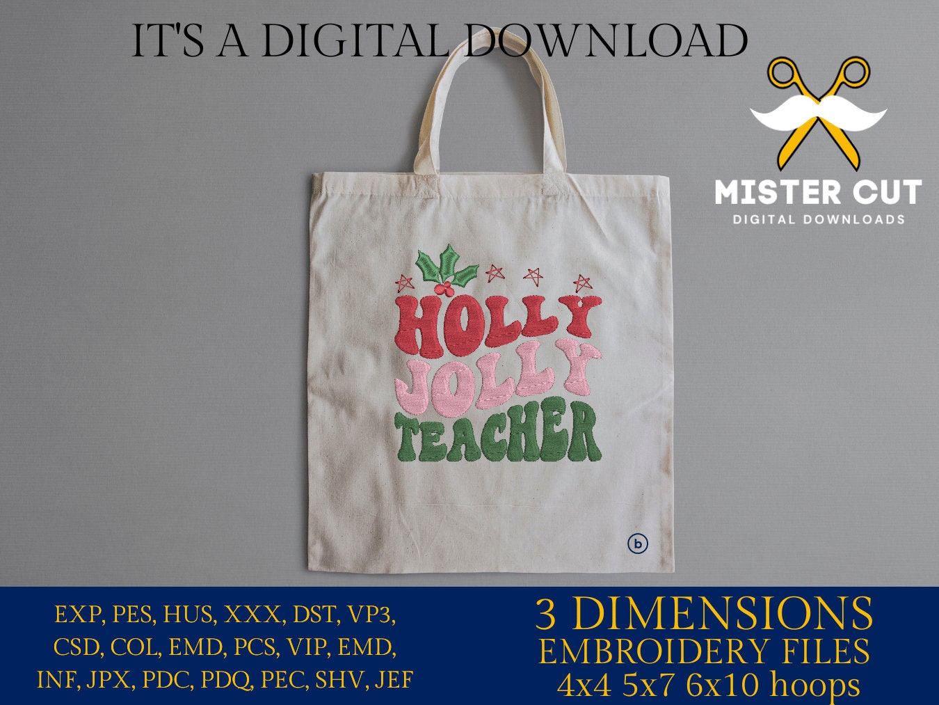 Machine Embroidery files, Holly Jolly Teacher, PES, DST, xxx, hus and more