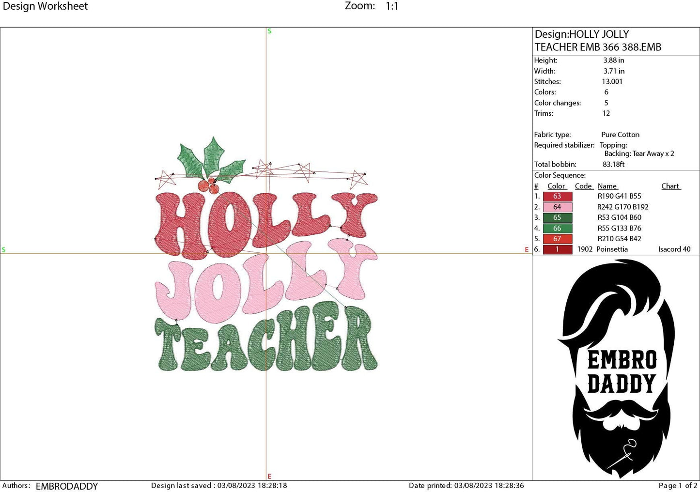 Machine Embroidery files, Holly Jolly Teacher, PES, DST, xxx, hus and more
