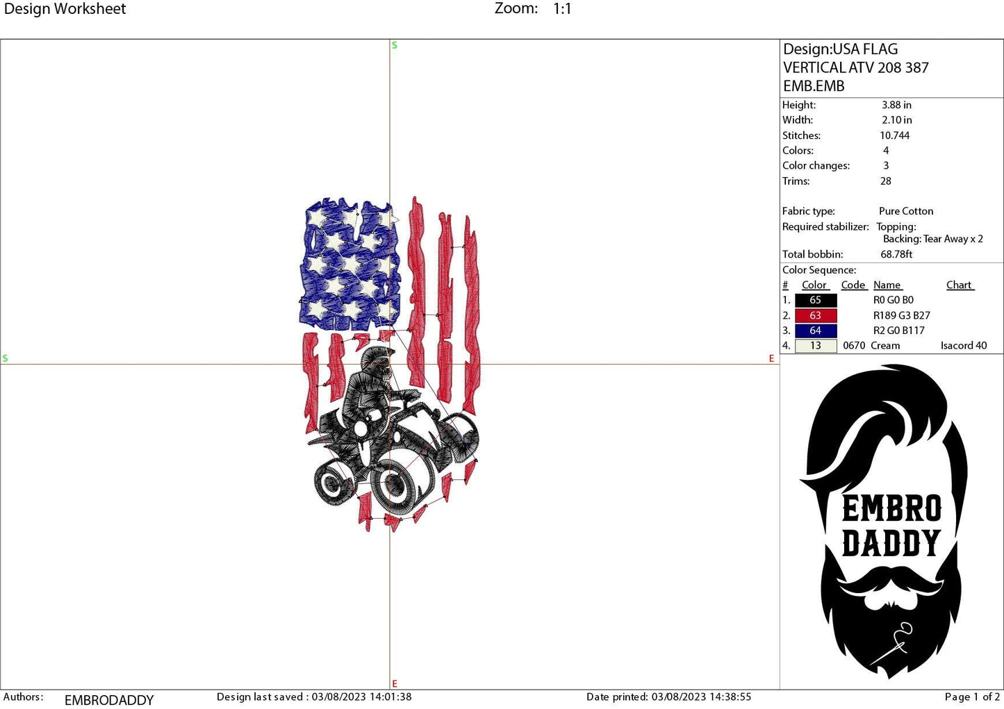 Machine Embroidery files, ATV Flag USA, PES, xxx, hus, dst & more