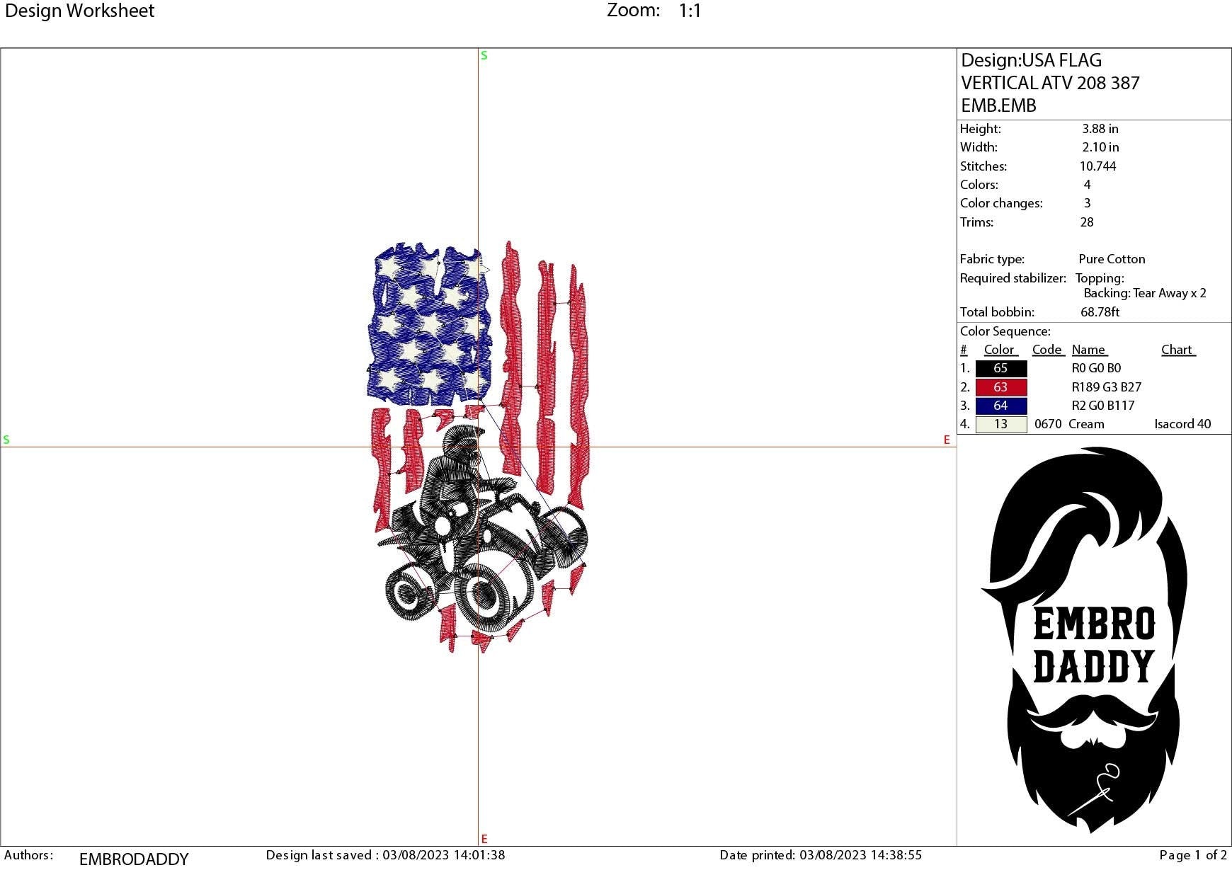Machine Embroidery files, ATV Flag USA, PES, xxx, hus, dst & more