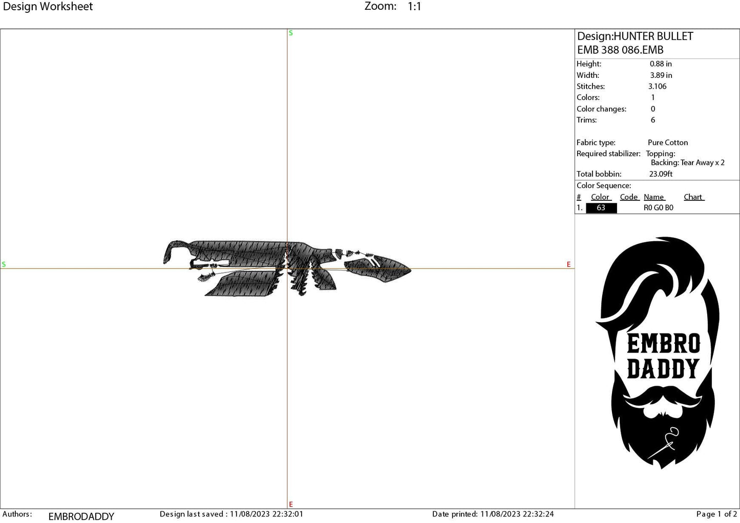Machine Embroidery files, Hunter buck bullet, PES, xxx, hus & more