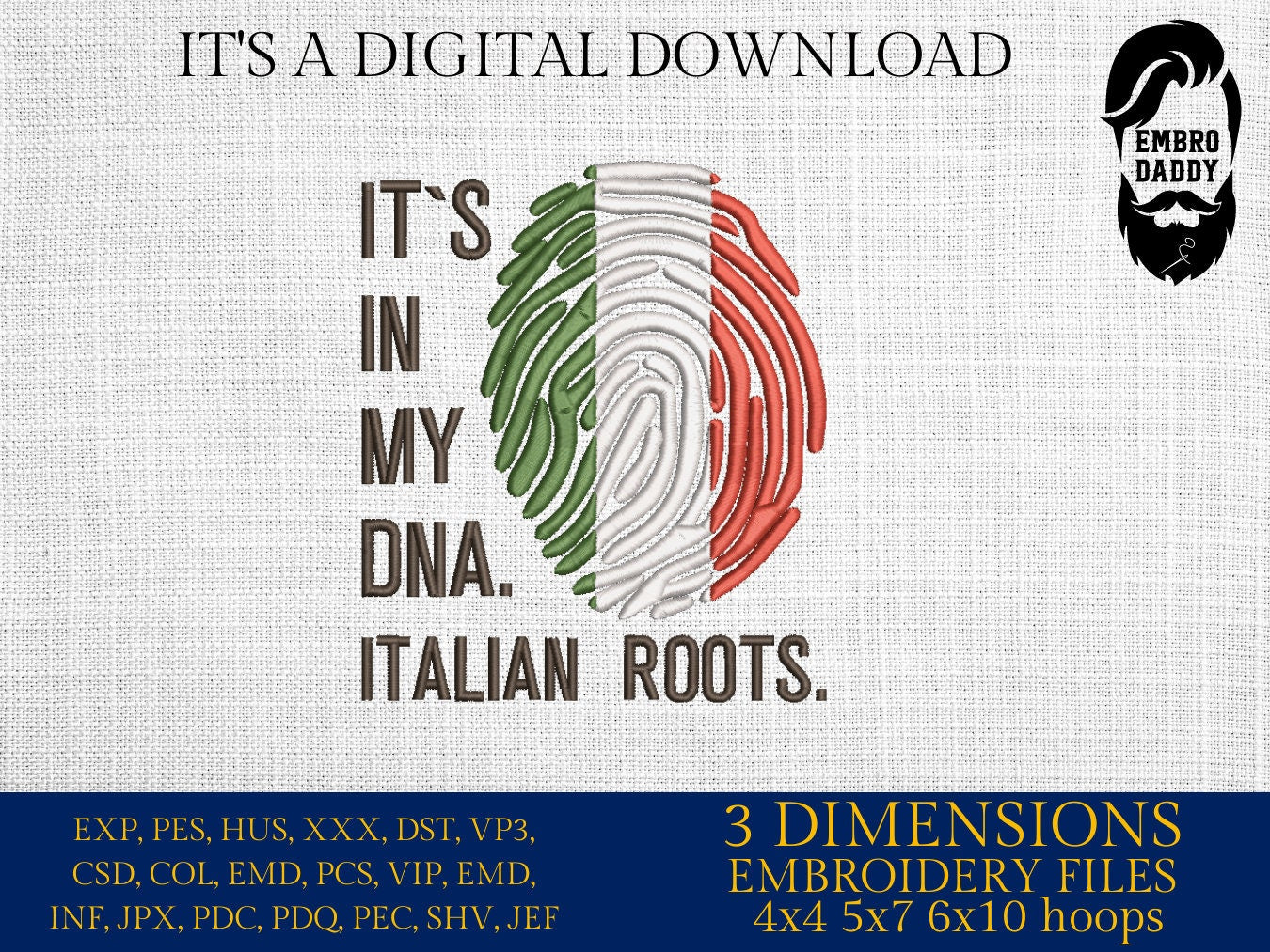 Machine Embroidery files, It's in my DNA Italian Roots, PES, DST, xxx, hus & more, Family reunion