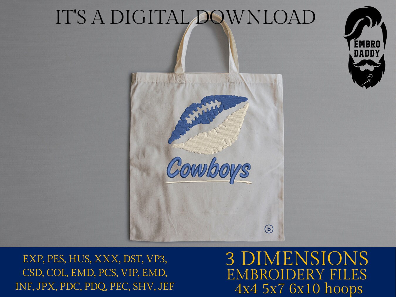 Machine Embroidery, lips Cowboys embroidery design, football gift idea PES, xxx, hus & more, fan embroidery files