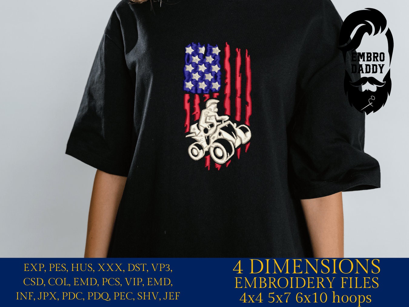 Machine Embroidery files, ATV Flag USA, PES, xxx, hus, dst & more