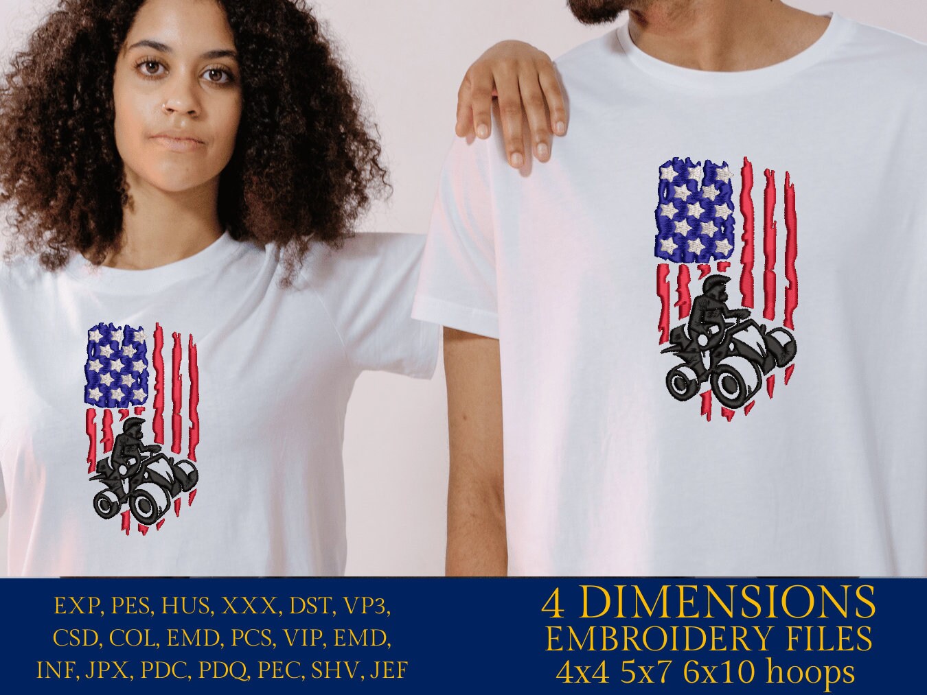 Machine Embroidery files, ATV Flag USA, PES, xxx, hus, dst & more