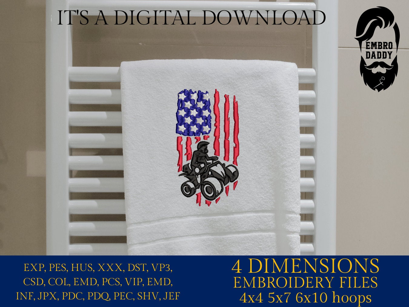 Machine Embroidery files, ATV Flag USA, PES, xxx, hus, dst & more