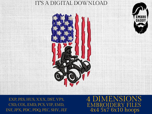 Machine Embroidery files, ATV Flag USA, PES, xxx, hus, dst & more