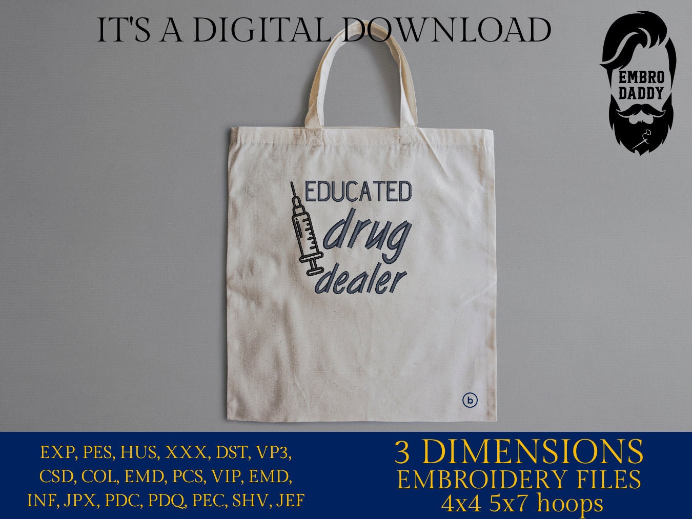 Machine Embroidery files, educated drug dealer , PES, DST, xxx, hus & more