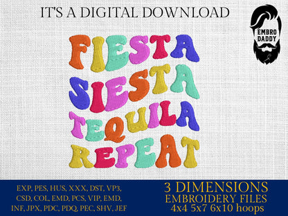 Machine Embroidery files, fiesta siesta tequila, PES, DST, xxx, hus & more