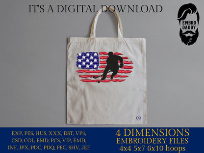 Machine Embroidery files, USA flag, hockey player, PES, DST, xxx, hus & more