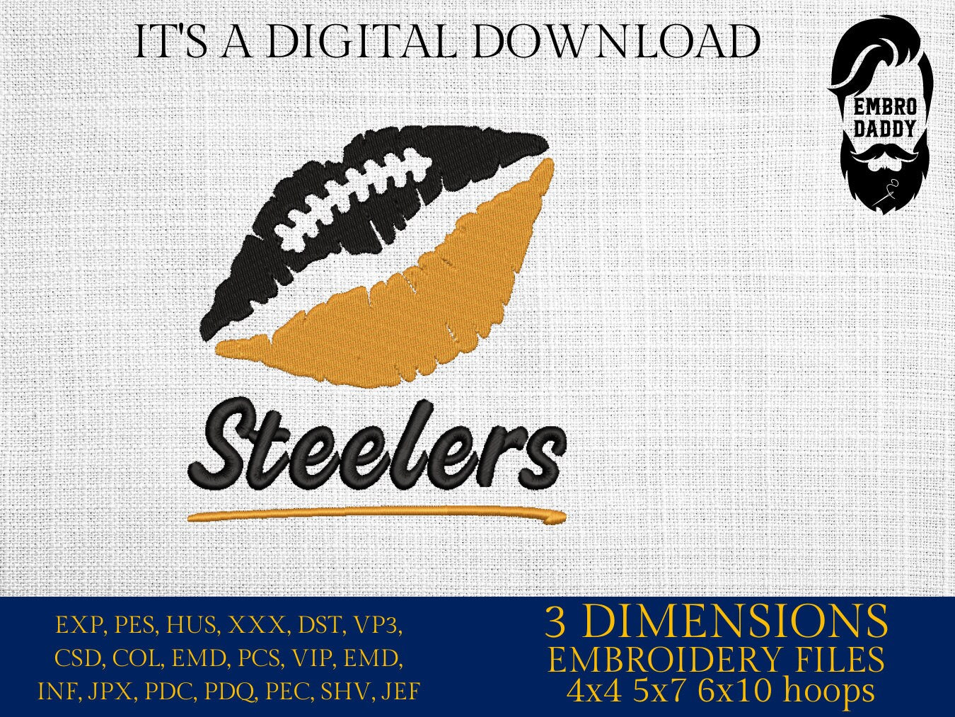 Machine Embroidery, lips steelers embroidery design, football gift idea PES, xxx, hus & more, wedding, fan embroidery files