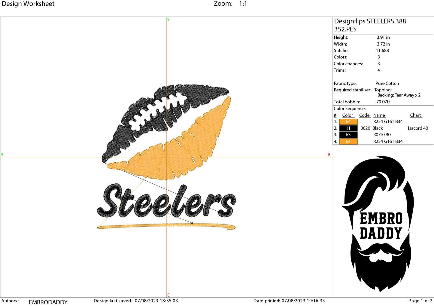 Machine Embroidery, lips steelers embroidery design, football gift idea PES, xxx, hus & more, wedding, fan embroidery files