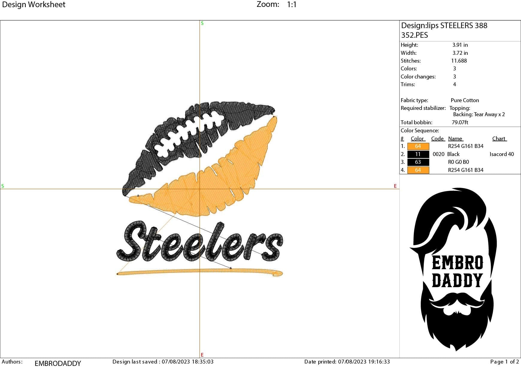 Machine Embroidery, lips steelers embroidery design, football gift idea PES, xxx, hus & more, wedding, fan embroidery files