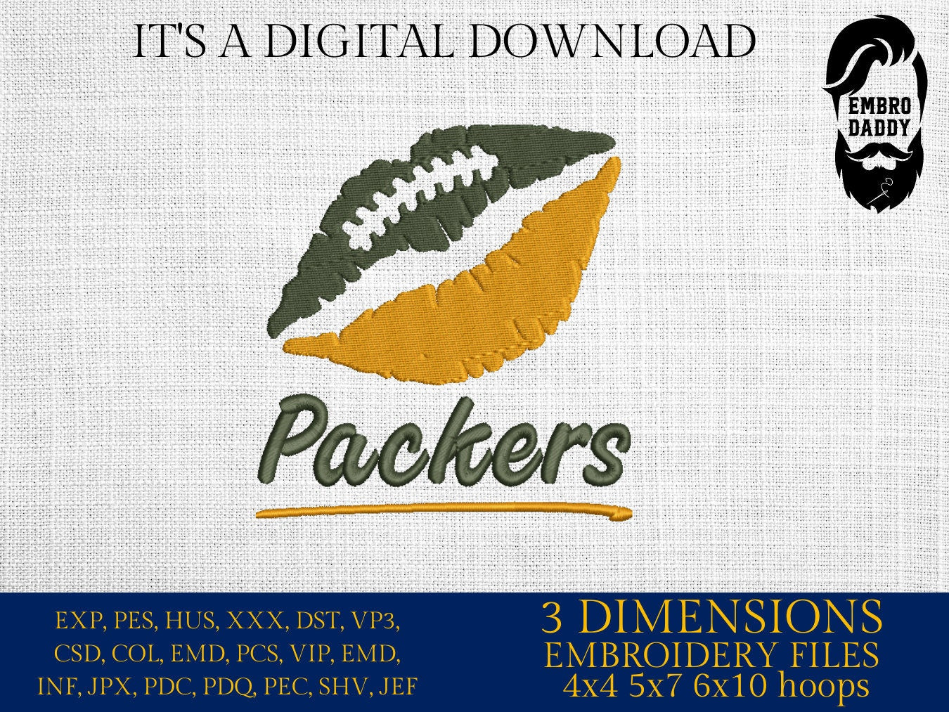 Machine Embroidery, lips Packers embroidery design, football gift idea PES, xxx, hus & more, fan embroidery files