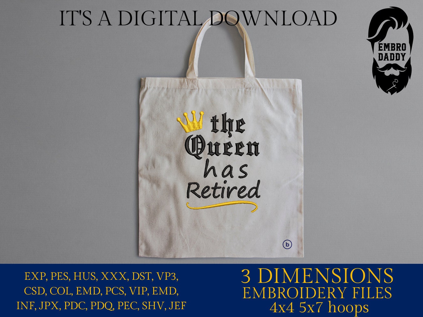 Machine Embroidery files, The Queen has retired, PES, DST, hus & more