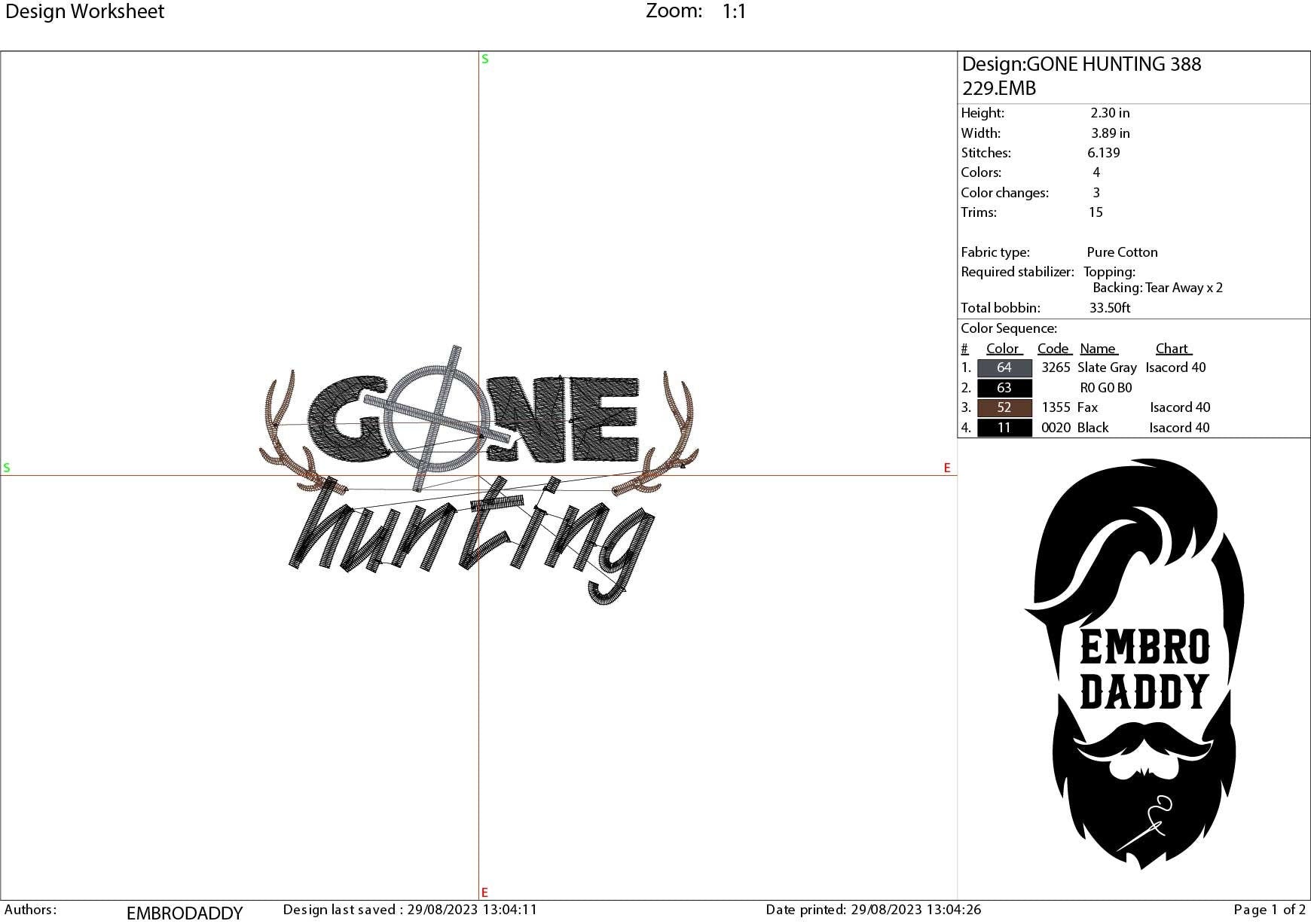 Machine Embroidery files, Gone Hunting, PES, DST, xxx, hus and more