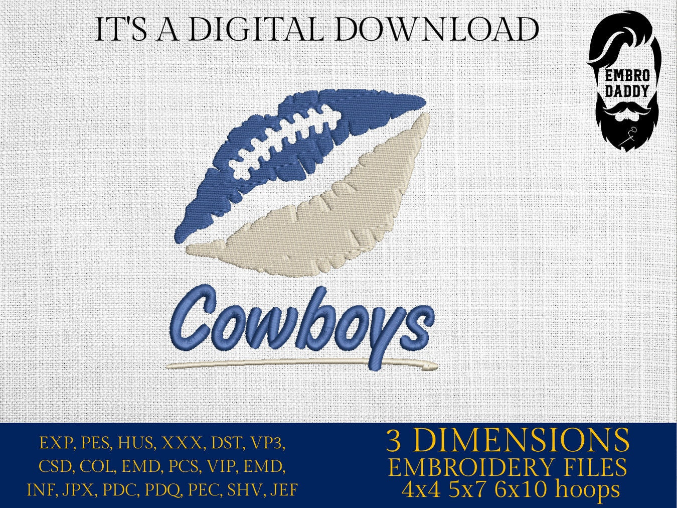 Machine Embroidery, lips Cowboys embroidery design, football gift idea PES, xxx, hus & more, fan embroidery files