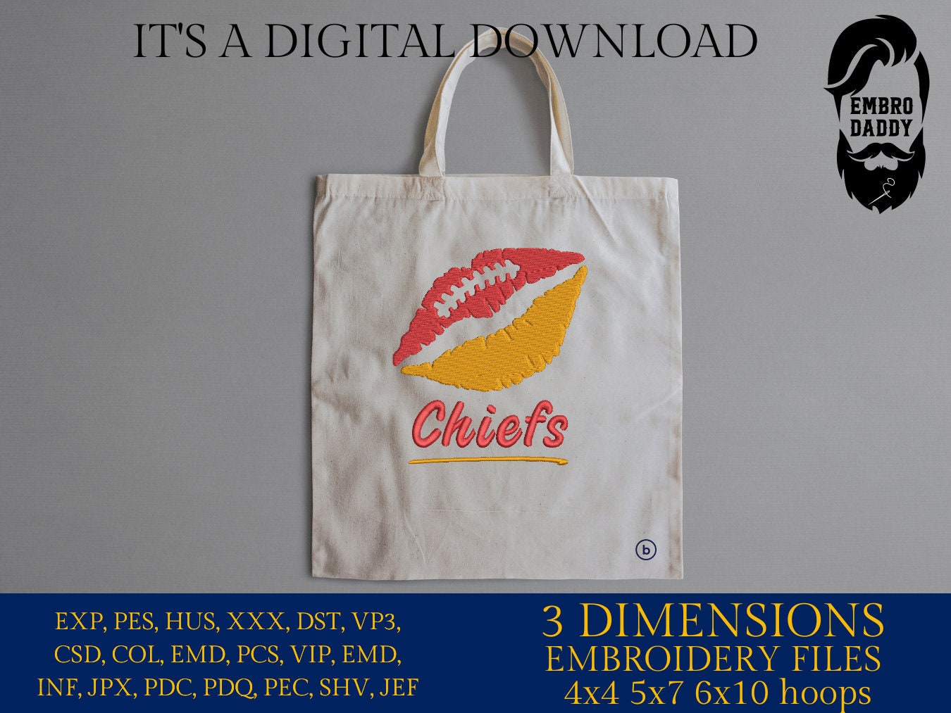 Machine Embroidery, lips Chiefs embroidery design, football gift idea PES, xxx, hus & more, fan embroidery files