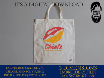 Machine Embroidery, lips Chiefs embroidery design, football gift idea PES, xxx, hus & more, fan embroidery files