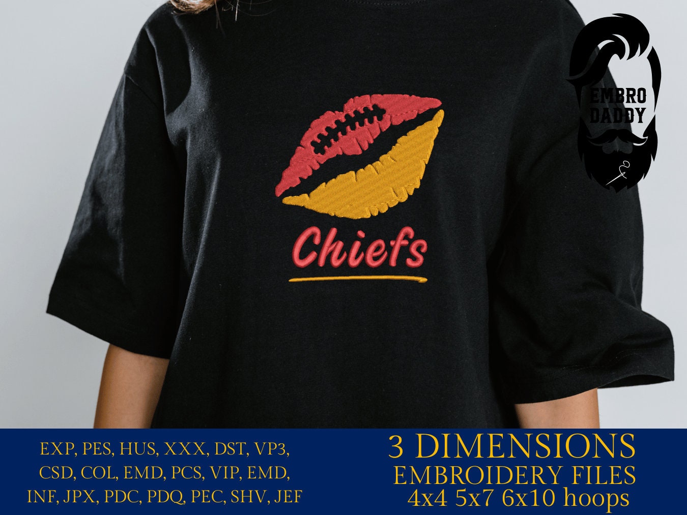 Machine Embroidery, lips Chiefs embroidery design, football gift idea PES, xxx, hus & more, fan embroidery files