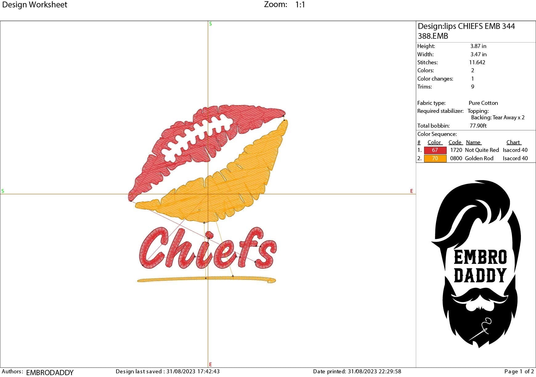 Machine Embroidery, lips Chiefs embroidery design, football gift idea PES, xxx, hus & more, fan embroidery files